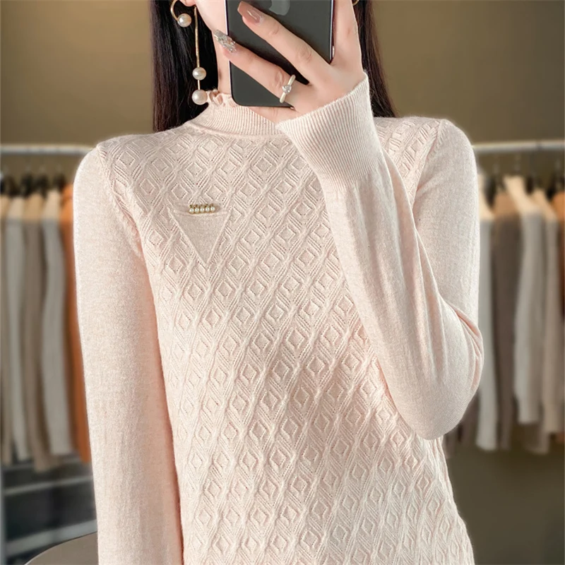 Women's boutique semi high neck sweater autumn and winter knitted cashmere sweater Women's solid color pullover long sleeved top