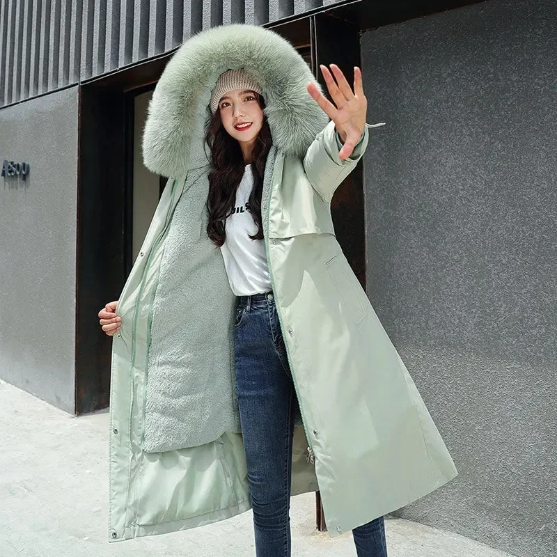 2025 جديد الشتاء سترة المرأة سترات سميكة الدافئة الفراء بطانة طويلة سترة الإناث مقنعين الصوف معطف مبطّن تفريغ أبلى 5XL #2