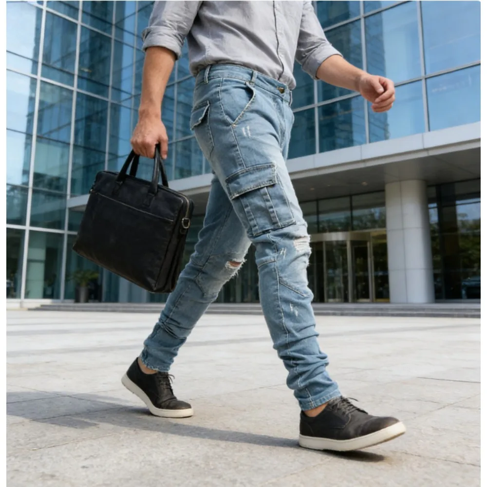 

Новые мужские джинсы-скинни 2026 года с боковыми карманами, из выстиранного денима, облегающие, повседневные брюки