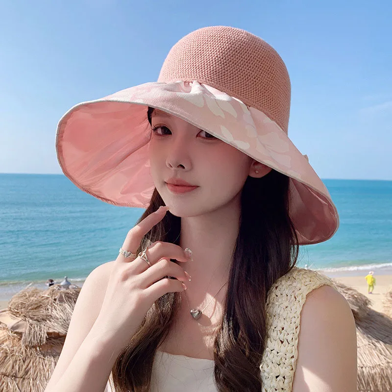 Summer Travel Beach Sun Hat Women Printing Big Eaves Mesh Bow Fisherman Hat Fashion Sunscreen Sun Protection Outdoors Bucket Hat