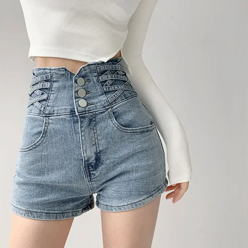 

Black High Waist Denim Shorts Women Summer Korean Slim Sexy Hot Jeans Women Shorts Female Button Wide Leg Blue Denim Shorts