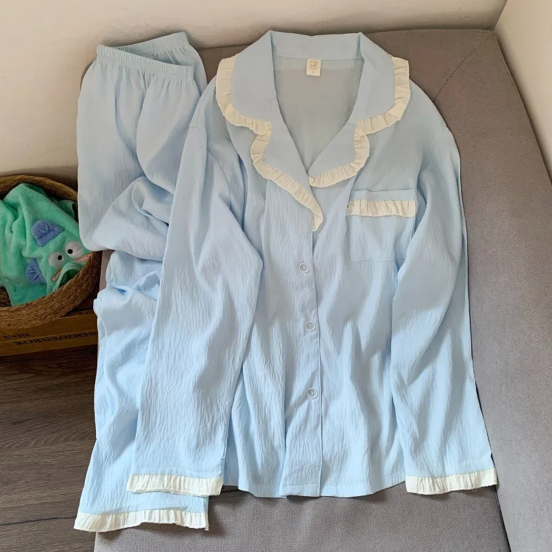 

Корейские однотонные повседневные женские пижамы больших размеров с лацканами и воротником на пуговицах, одежда для сна с длинными рукавами, женские осенние новые пижамные комплекты большого размера