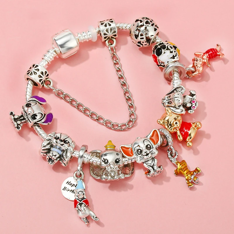 Cute Winnie the Pooh Charms Bracelet for Women Jewelry Eeyore Piglet Tigger Simba Beads DIY Disney Lilo & Stitch Pendant Bangles