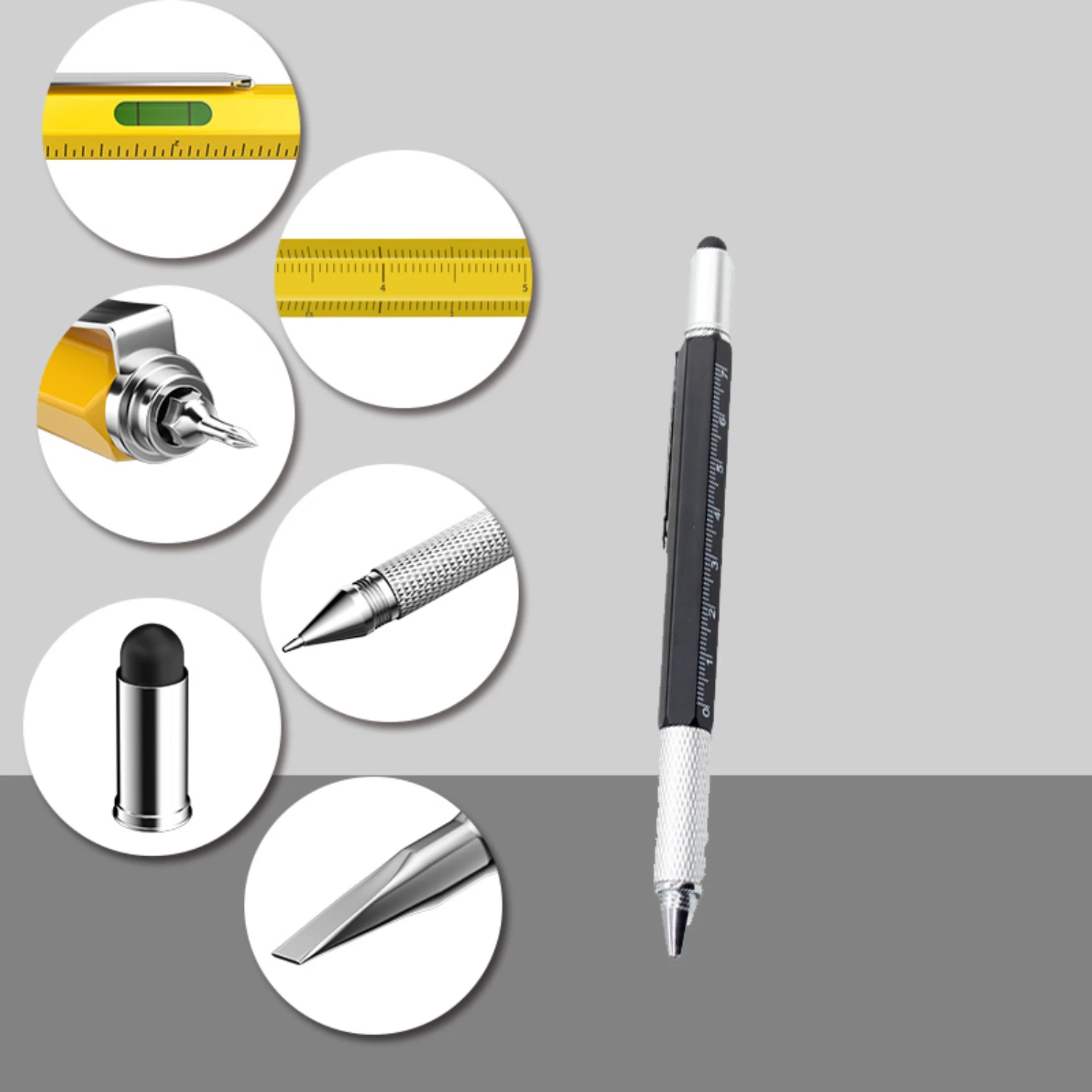 Versatile and Multifunctional Metal Ballpoint Pen with Level, Screwdriver, and Capacitive Scale Tool - All-in-One 6-in-1 Tool fo