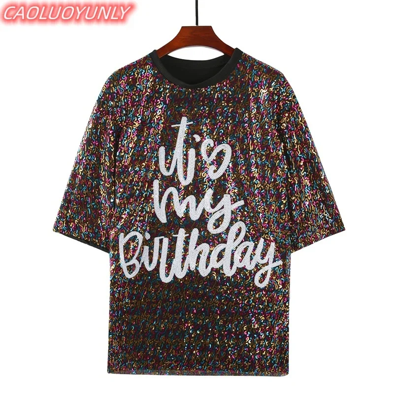 

Summer High Quality Streetwear Sequins Patchwork Contrasting Color Short Sleeve T-Shirt Hip Hop Round Neck Straight Women' Wears