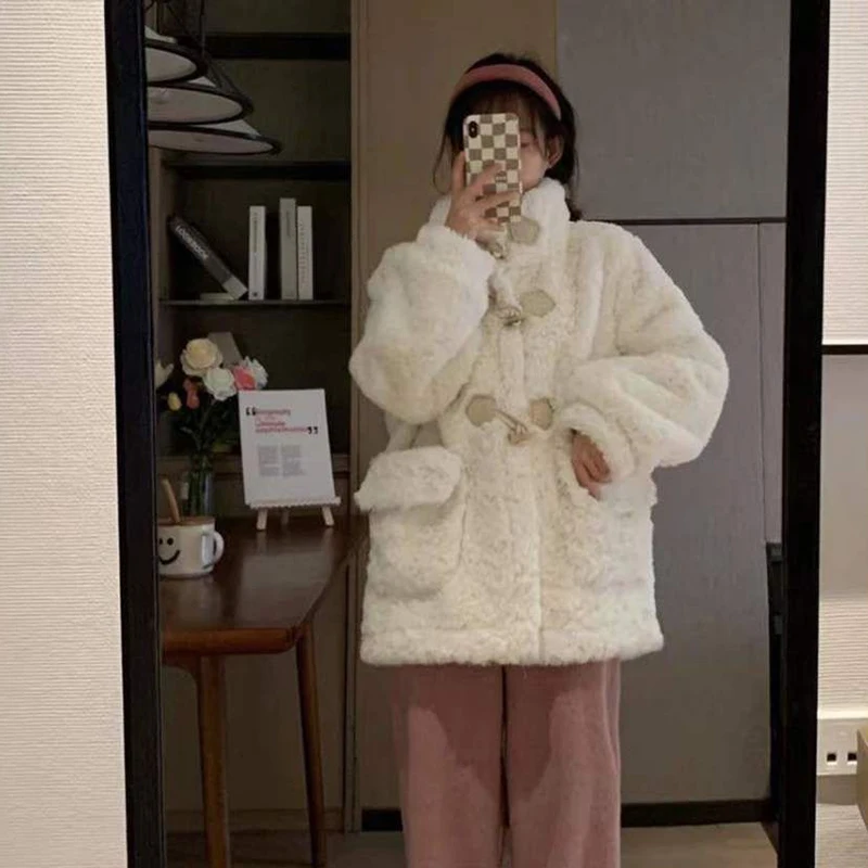 

Женская утепленная шуба из овчины Lantern Nian, осенне-зимняя новинка, экологичная, с пуговицами, свободного кроя, с длинными рукавами