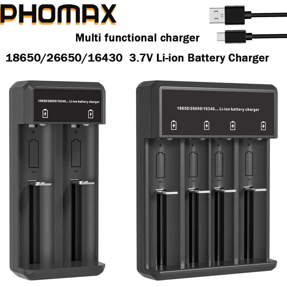 PHOMAX 18650 Battery Charger 2/4 Slots Dual 18650 Charging 3.7V Rechargeable Lithium Battery USB Charger For 16340 14500 18650