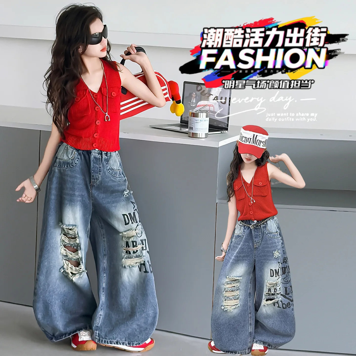 Teen Girls Fashion Street Style Y2K Clothes Set Outfits Girls Summer Red Vest+Ripped Jeans Streetwear Kids Cool Clothing Suit
