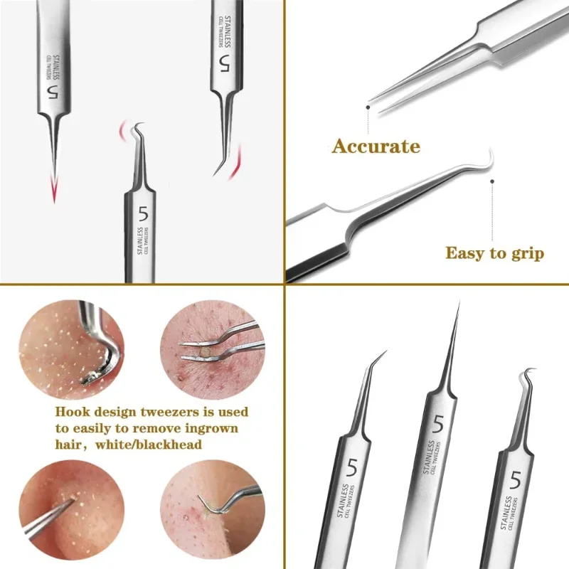 1/2/3PCS Blackhead Tweezers Eyelash Extension Nipper Anti Acid Steel Needle Tweezers Removal Acne Face Care Curved Straight Tool