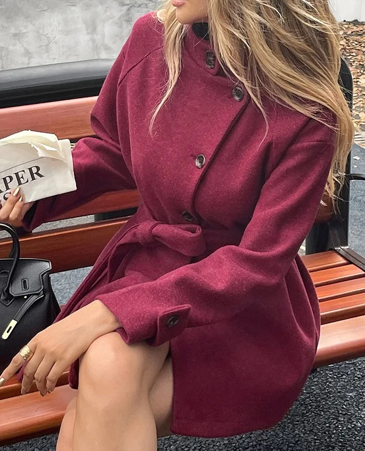 Casacos de moda para mulheres casuais vintage jaquetas de manga comprida bolsos sólidos cinto de botão