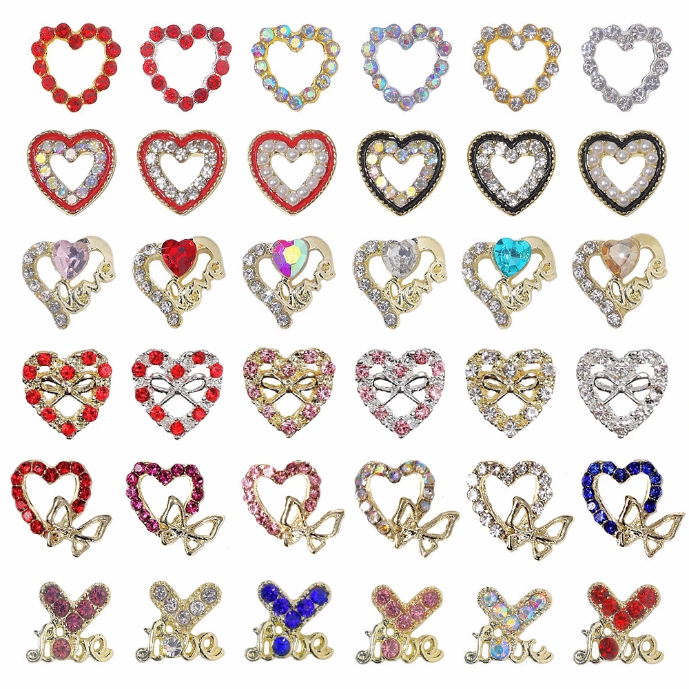 

10PCS 3D Luxury Alloy Love Heart Nail Art Rhinestone Pearl Frame Charms Accessories Parts For Manicure Nails Decoration Supplies