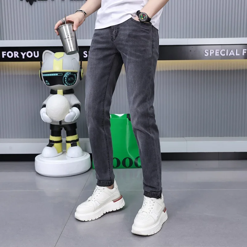 Simple High-End Men's Summer Thin Black Gray Jeans Men's Stretch Slim-Fitting Small Straight Casual All-Matching Long Pants