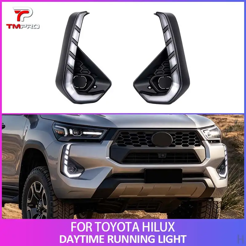 LED Daytime Running Light DRL For Toyota Hilux Revo 2024 + Dual Color White Amber Turn Signal Fog Lamp Cover Day Running Light