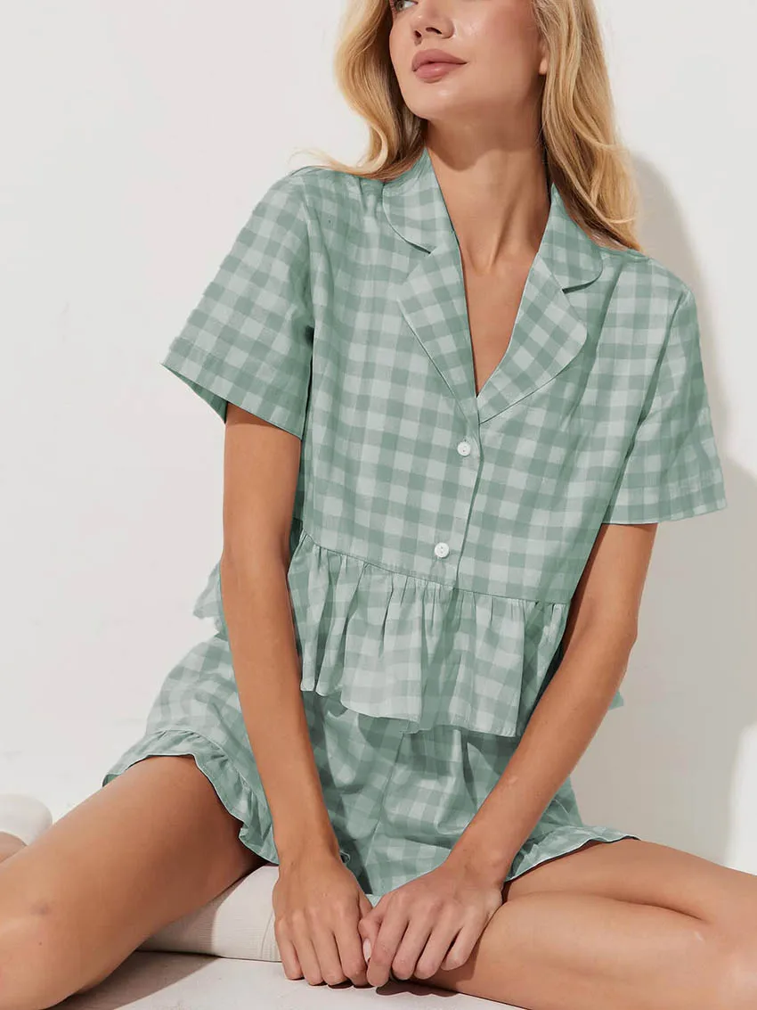 Marthaqiqi Summer Ladies Sleepwear Suit Short Sleeve Nightgowns Sexy Turn-Down Collar Pajamas Shorts Casual Home Clothes Female