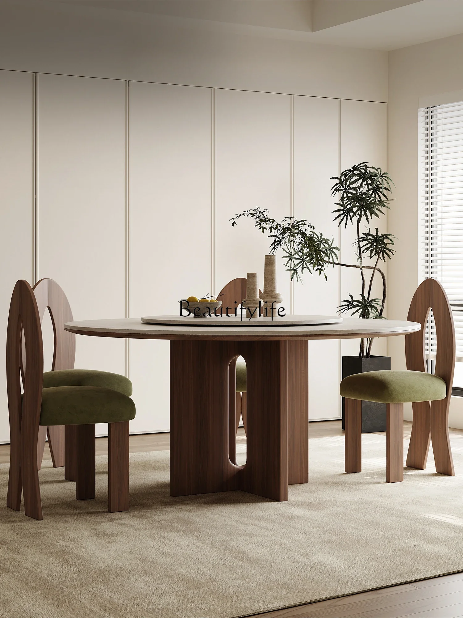 

Wabi Sansi travertine dining table solid wood with turntable rotating round rock slab dining table