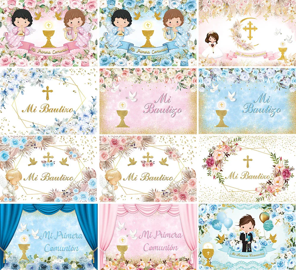 

Mi Bautizo Flowers Backdrop for Girl Baptism Gold Cross Boho Floral Leaves Decor Gold Sequins Photography Background MP-01