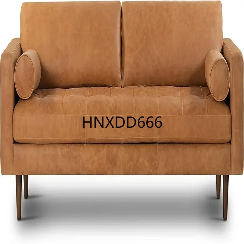 

Mid-Century Leather Sofa in Cognac Tan Brown - Full Grain Camel Leather Couch with Two Bolsters - Feather-Down Cushioning