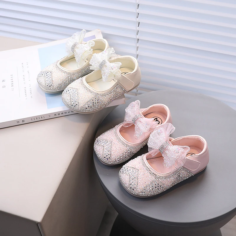 Kid's Shoes Girls Elegant Princess Shoes with Shiny Rhinestone Lace Bowknot Anti-Slip Fashionable Children's Shoes Size 22-31