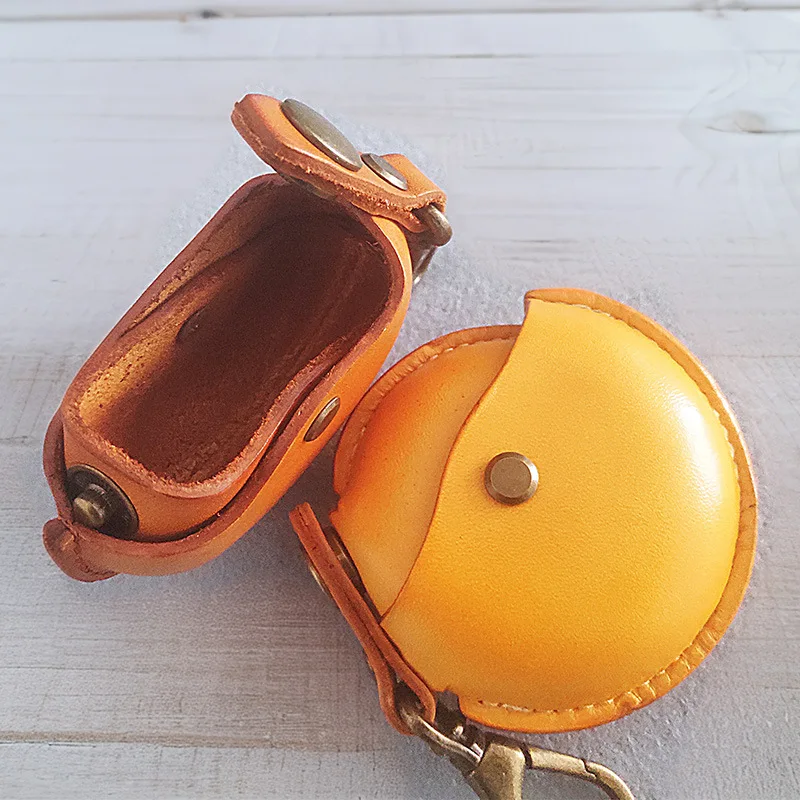 Vegetable Tanned Leather Magnetic Closure Small Round Bag Coin Purse Key Earphone Pouch Vintage Creative Portable Gift Storage