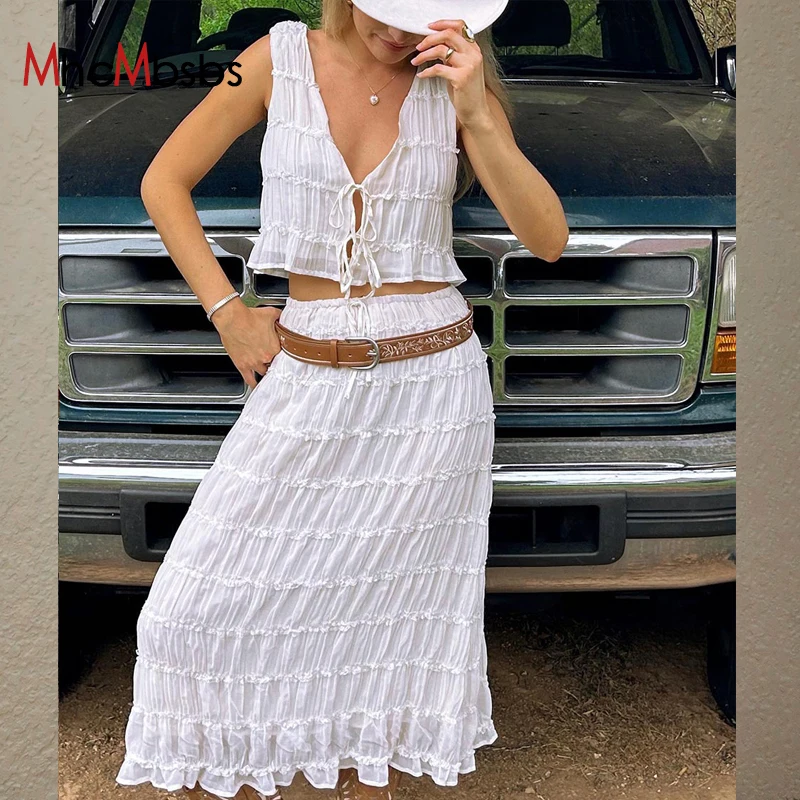 

2 Piece Set Women Bubble Long Skirt Outfits Sexy Sleeveless Lace Up Cardigan Top+High Wiast Casual Skirt 2025 Summer Beach