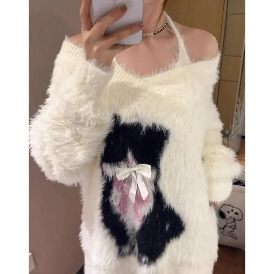 

Furry Loose Knit Sweater Cat Oversized Pullover Women 2024 y2k clothing fairycore 2000s kawaii grunge korean knitted fall winter