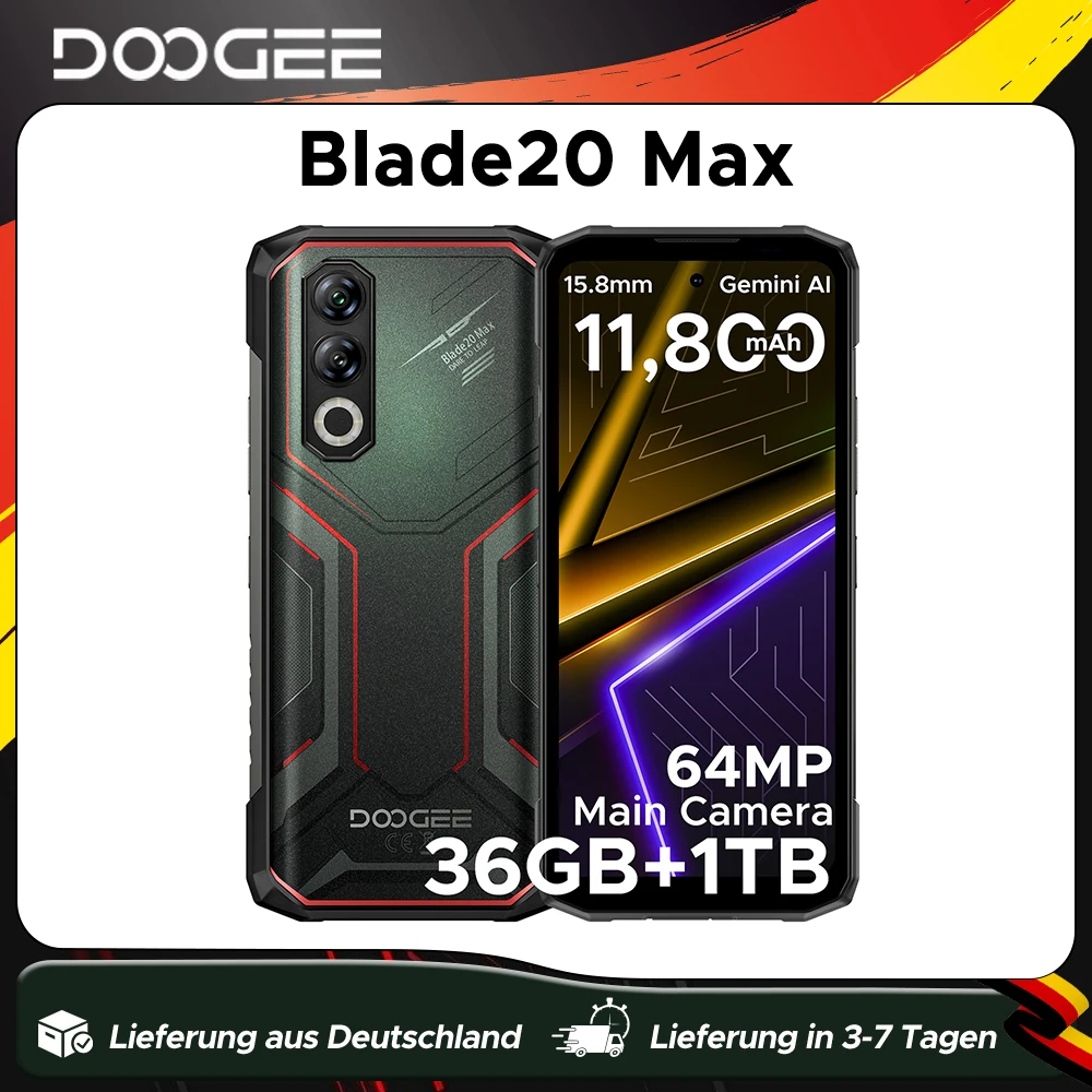 DOOGEE Blade20 Max Robustes Smartphone 36GB(12GB+24GB) RAM 1TB ROM 6,6'' Display 11800mAh Akku 64MP KI-Kamera Android 15 Smartphone