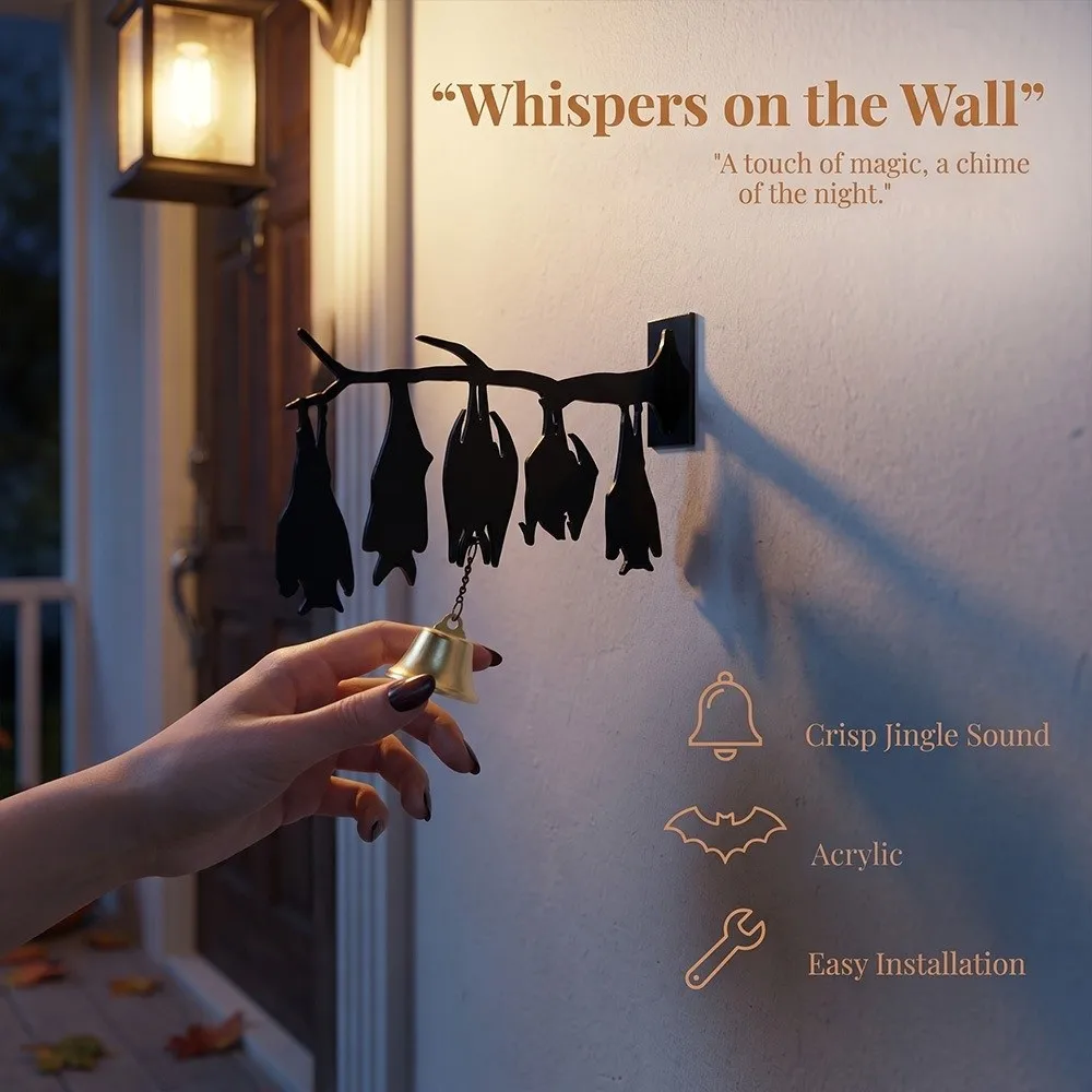 2D Flat Inverted Branch Bat Wind Chime with Bell Gothic Style Halloween Wind Chime Spooky Wall Mount Hanging Bat Pendant Garden