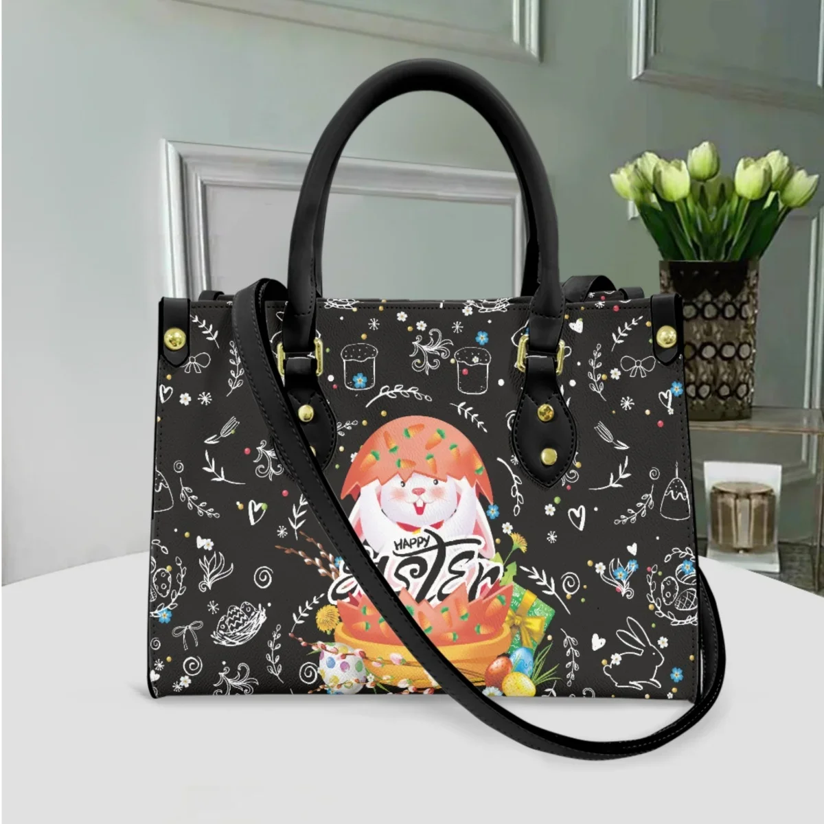 Easter Floral Bunny Design Luxury Designer Handbag Top Handle Fashion Pu Leather Tote Clutch Easter Gift for Women Sac A Mains