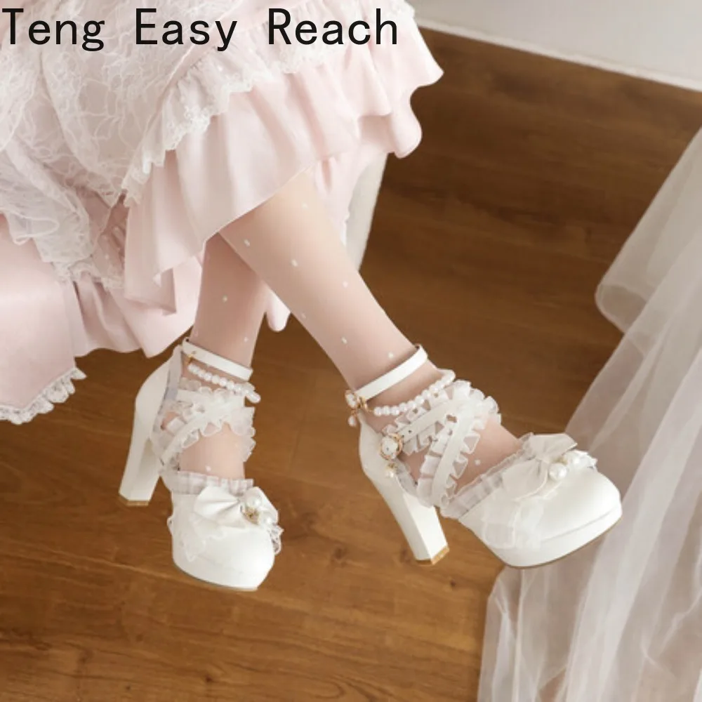 

Women High Heels Cross Ankle Mary Jane Pumps Party Wedding White Pink Black Ruffles Bowknot Princess Cosplay Lolita Shoes 33-46