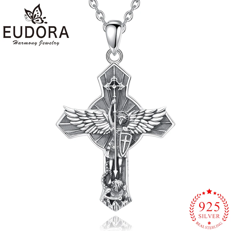 Eudora New 925 Sterling Silver St. Michael Archangel Necklace Cross Vintage Wing Pendant Religious Jewelry Gift to Men Women