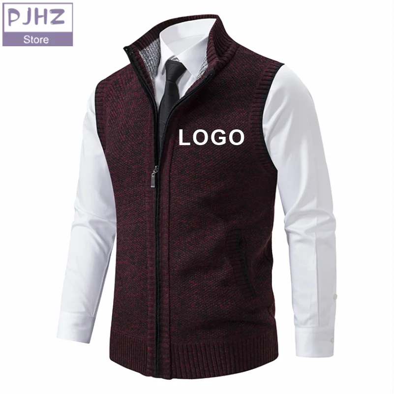 Fashion Men\'s Knitted Zipper Sleeveless Vest Velvet Cardigan Stand Collar Pullovers Sweatercoat Knit Waistcoat Custom Logo Print