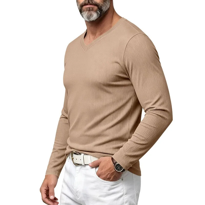 Herren Einteiliges Herbst- und Winter-Unterhemd mit V-Ausschnitt, Lässiges Loses Strick-Langarm-T-Shirt, Weiches und Dehnbares Basic-Layering-Oberteil – Detail 20
