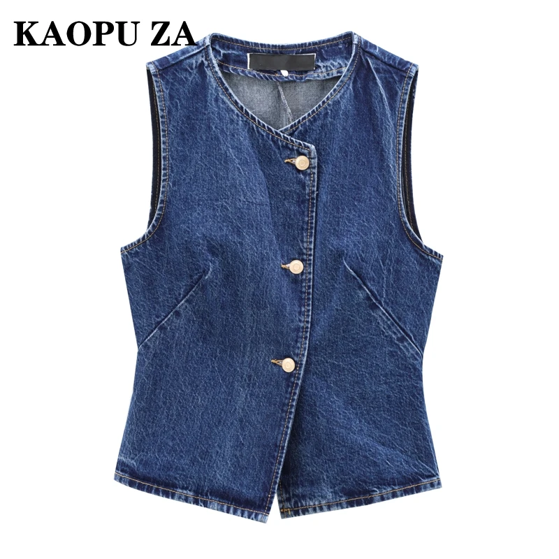 KAOPU ZA 2024 New Spring Ladies Fashion Sleeveless Denim Long Vest Button Down Waistcoat Casual Petite Top