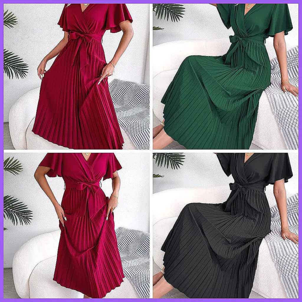

Elegant Chiffon Maxi Dress with V-Neck & Pleated Skirt, Women's Solid Color Casual Party Long Dress