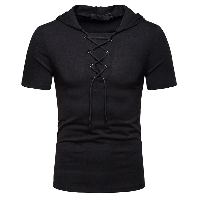 New European And American Men\'s Hooded Loose Tie Up Hip-hop Casual Short Sleeved T-shirt