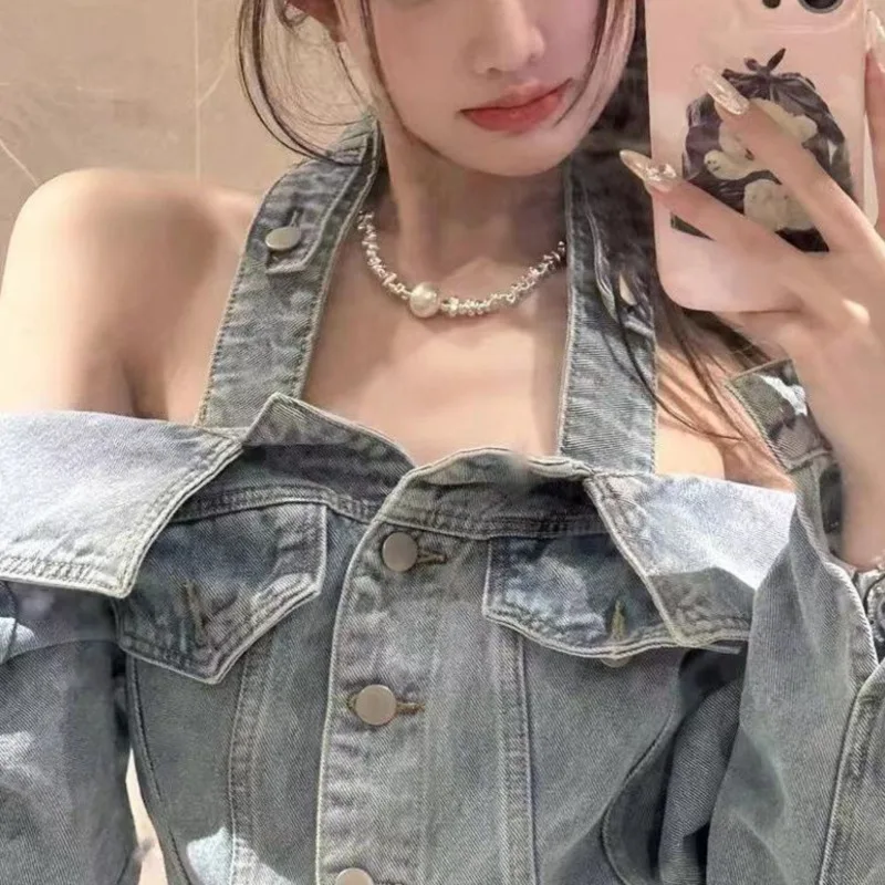 Instagram Cowboy Tops&Tees One Shoulder Coats Jackets Short Coat For Women 2025 Sweet And Spicy High Street Commuter Top New