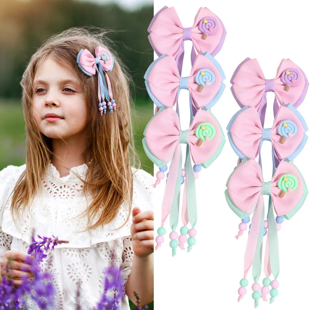 2PCS Elegant Bead Tassels Bowknot Hairpin Cute Lollipop Ribbon Bow Hair Clips For Girls Handmade Barrettes Kids Hair Accessories