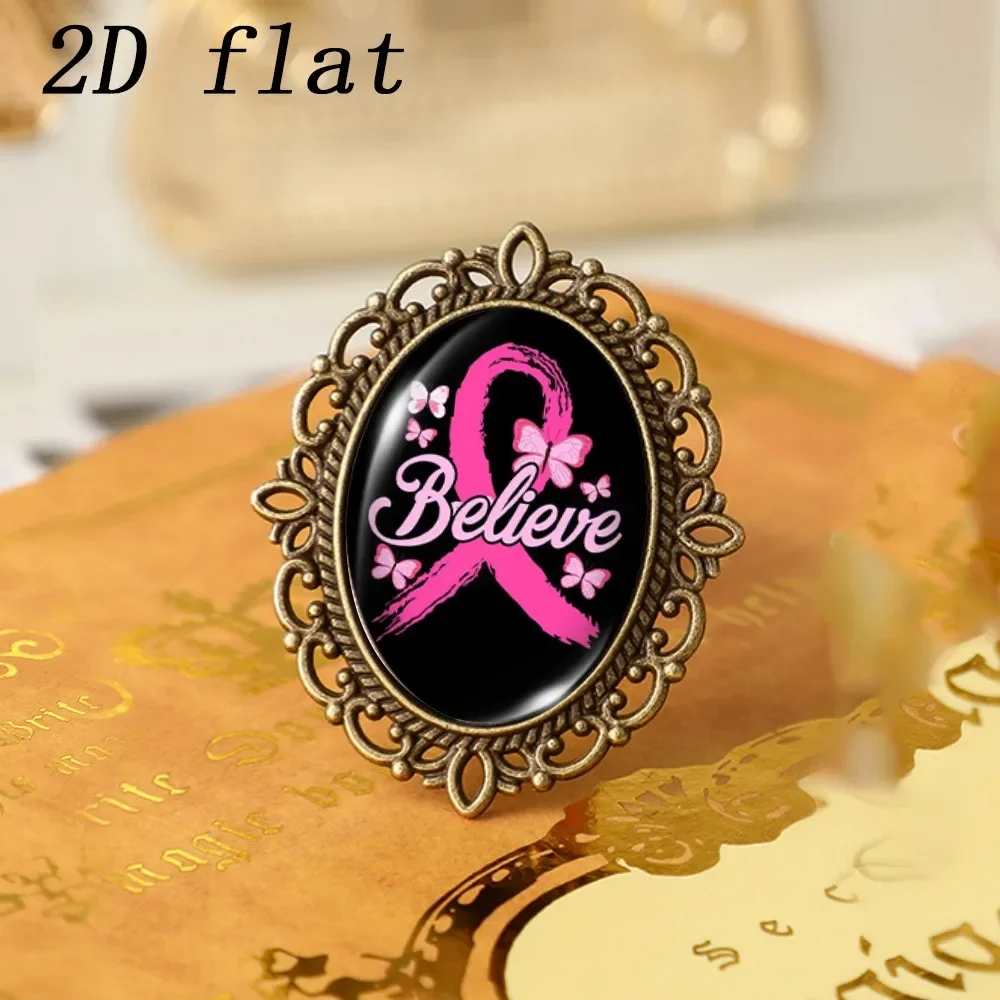 6-20 Pcs Pink Ribbon Believe Lapel Pin for Bag, Vintage Oval Glass Brooch, 2D Flat Zinc Alloy, Awareness Gift Souvenir for Her