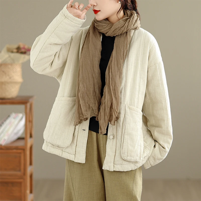 Thiened coton lin femmes Jaet hiver nouveau Sle chinois National Sle v-ne Long Sve coupe régulière trajet Sle