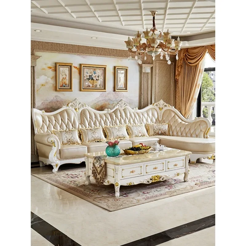 European solid wood leather high-end atmospheric corner sofa, living room combination first-layer cowhide princess simple