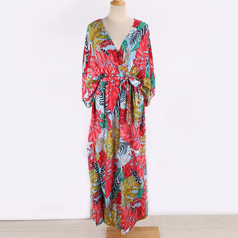 Plus Size Women’s Summer Loose Kimono Maxi Dress Wrap V Neck 3/4 Sleeve Floral Print Slit Long Dresses