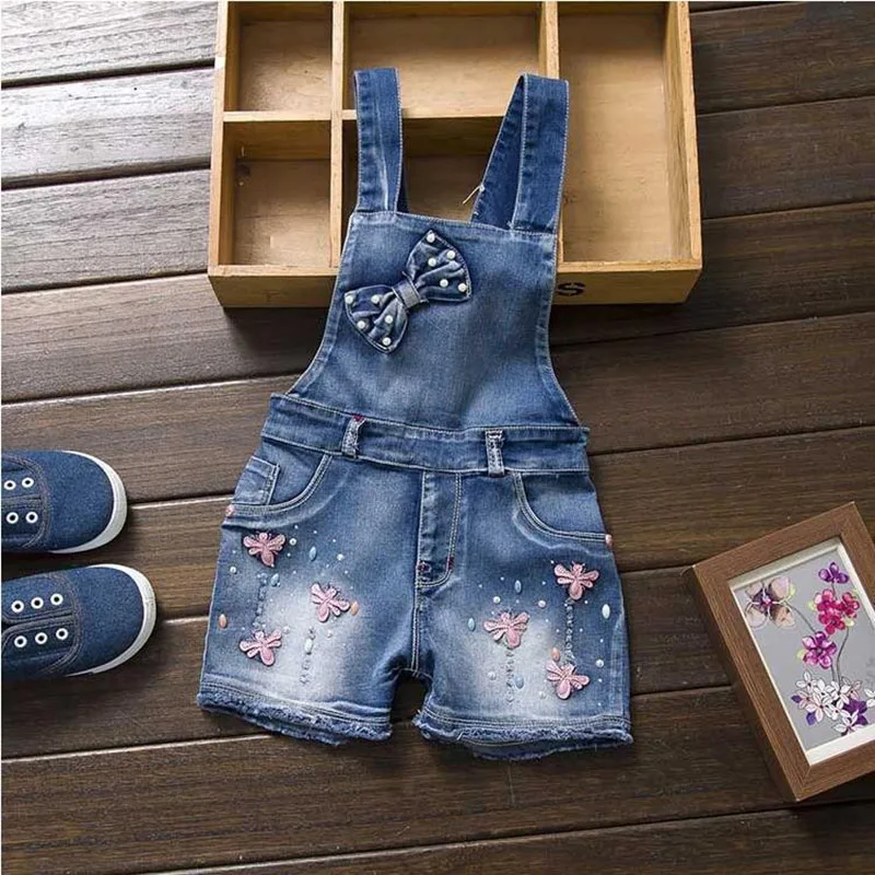 2024 SPRING Summer  Girl Jumpsuit Cute Sweet Fashion Washed Jeans Denim Romper Jumpsuits Straps Short Pants Cowboy Blue