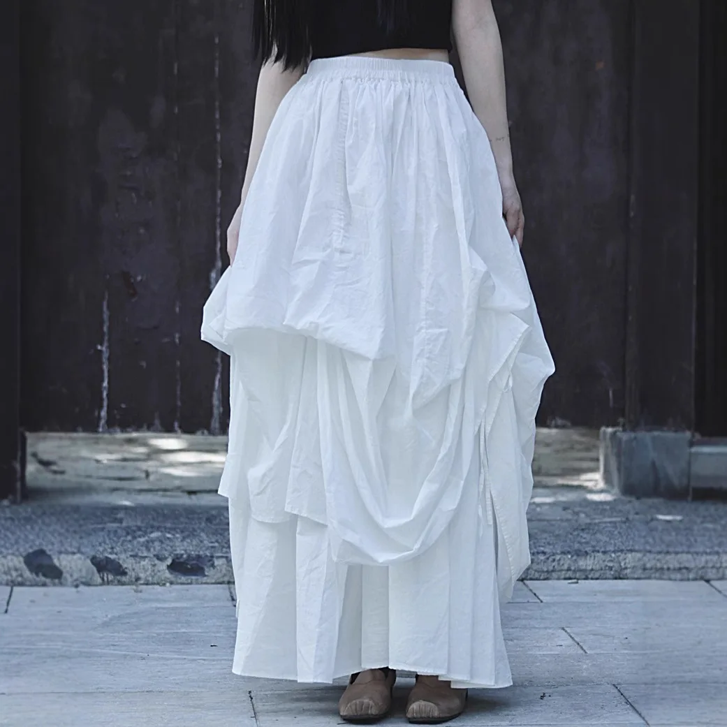 

Retro Pleated Asymmetrical Skirt Women's Cotton Skirt Design Unique Trend Gathered Black White Skirts Women's Clothing