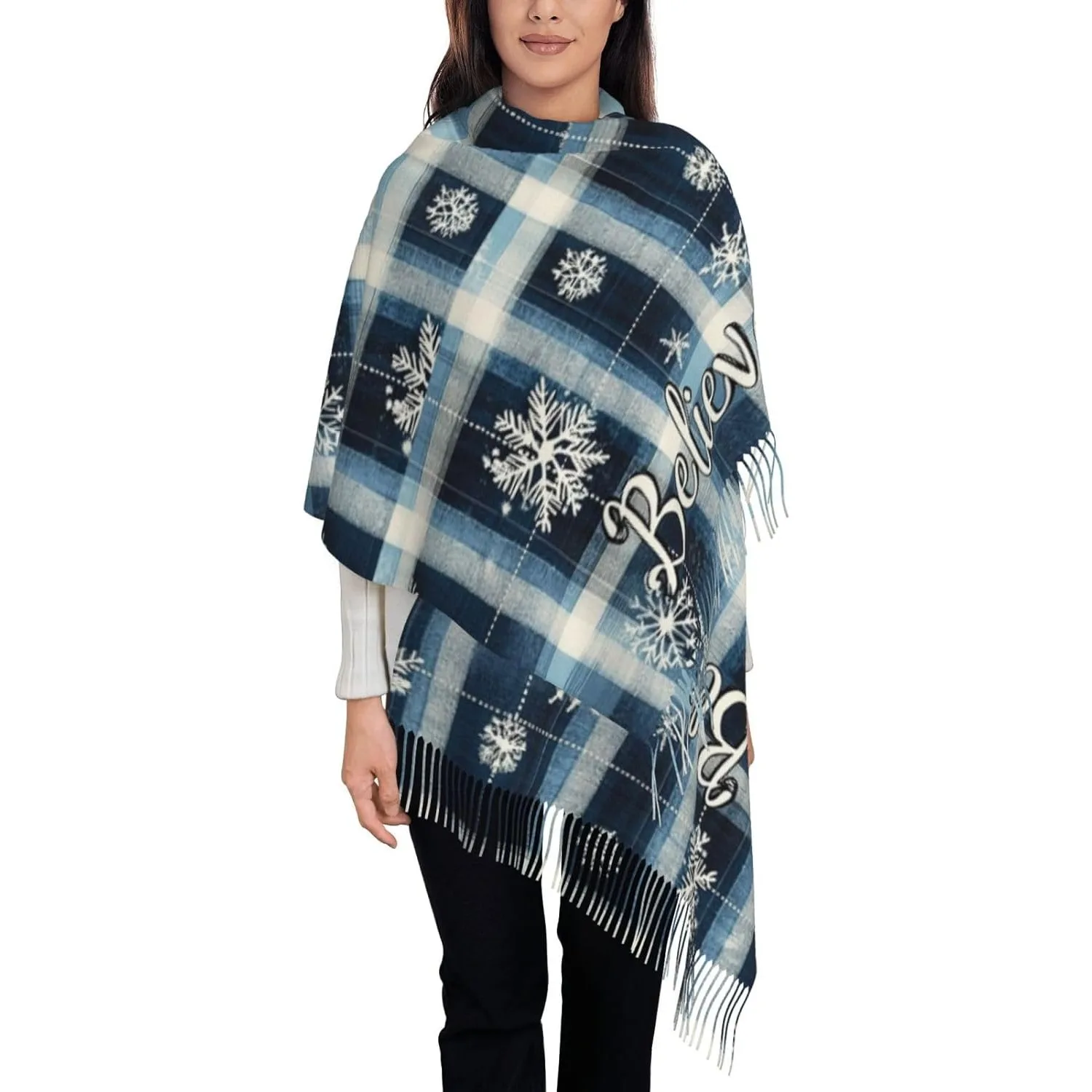 

Christmas Winter Soft Scarf Womens Warm Santa Shawls Cozy Snowman Snowflake Tassel Scarf