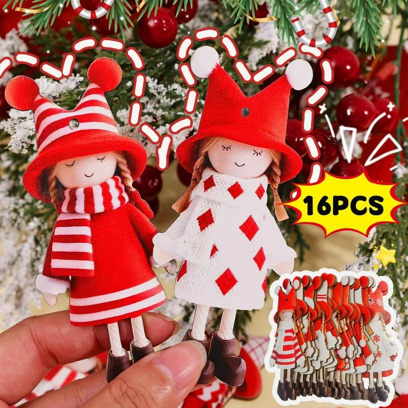 16pcs Car Pendants Single-sided printed Wooden Christmas Girl Hanging Ornaments Red White Classic Design Holiday Party Decor