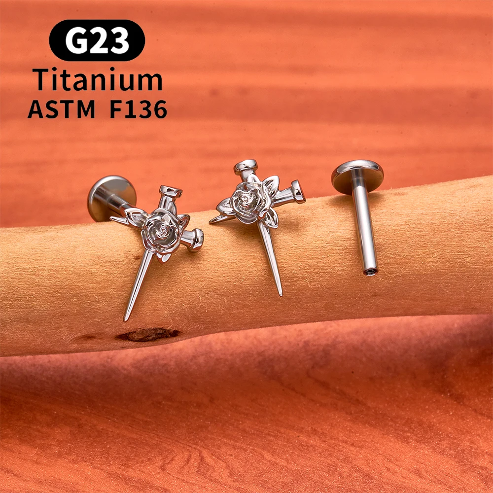 ASTM F136 Titanium 16G Rose Flower Flat Back Piercing Stud Earring Internal Thread Lip Ear Cartilage Tragus Helix PIERC Jewelry