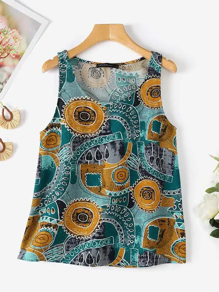 ZANZEA Vintage Printing Tank Tops Women 2024 Summer Bohemian Casual O Neck Sleeveless T-shirts Holiday Leisure Daily Camis