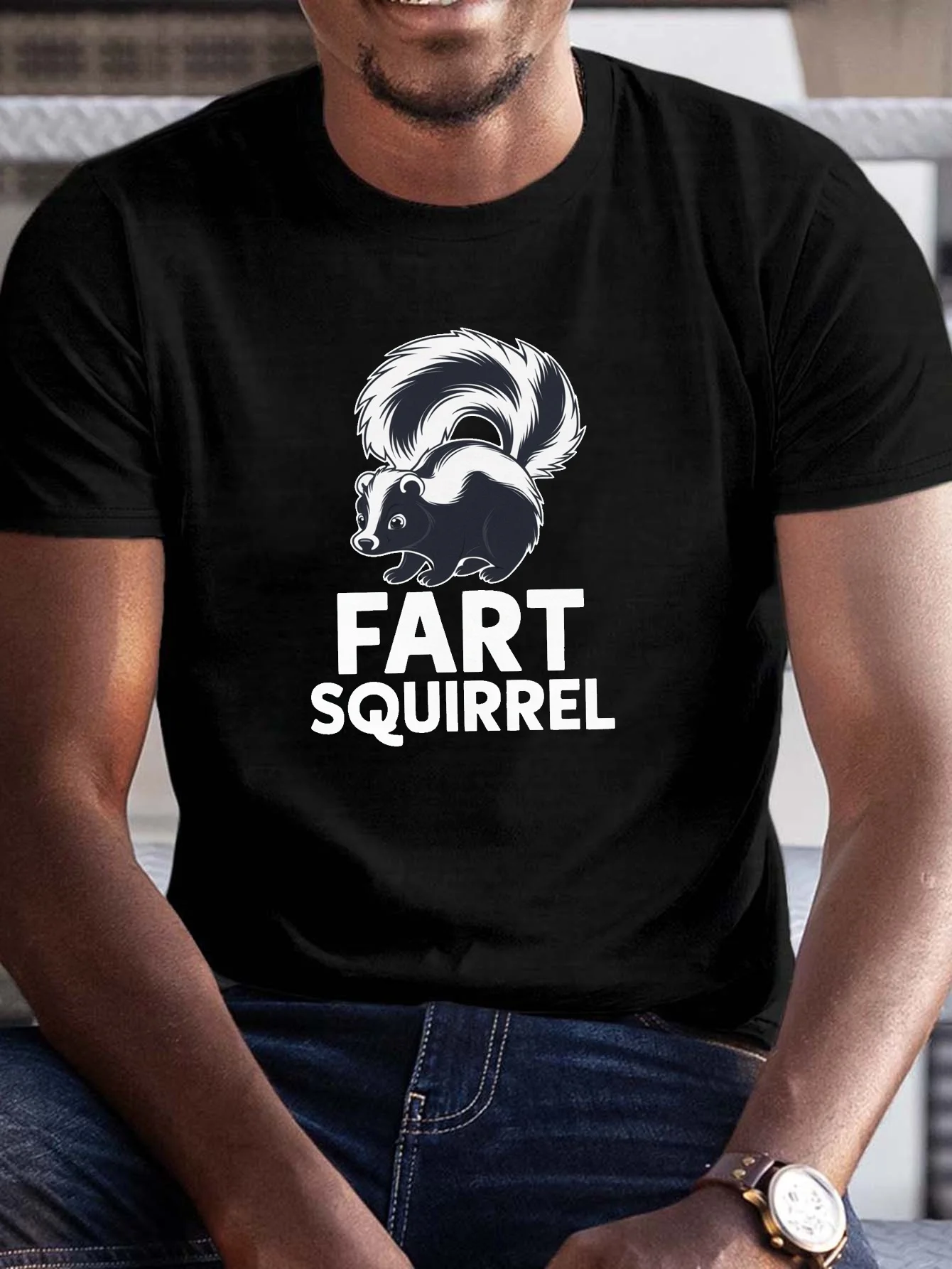 Size Men's Crew Neck T-Shirt with Skunk Graphic | 100% Polyester Casual Summer Tee | Slight Stretch Knit Fabric