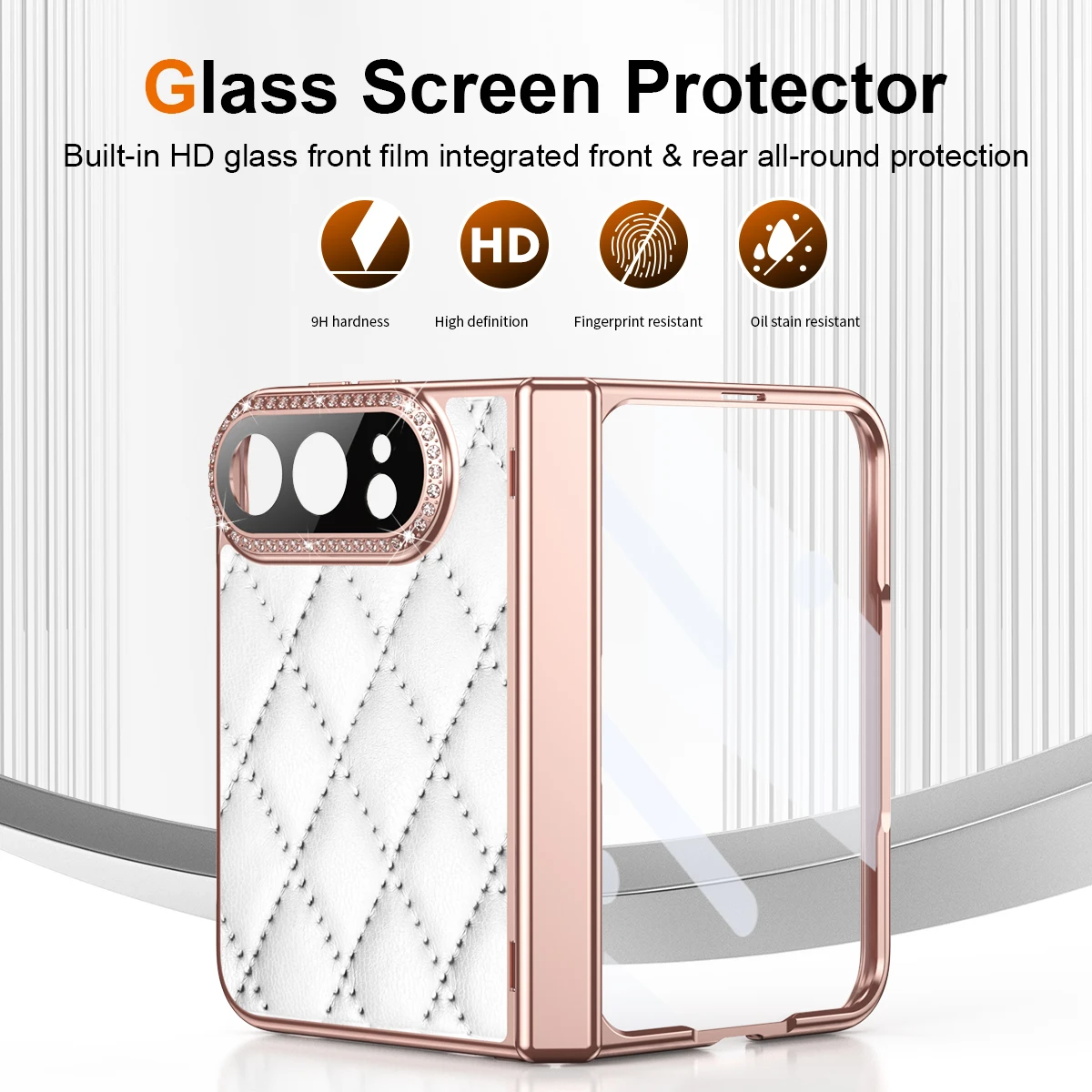Für iPhone Duo Luxuriöse PU-Leder Handyhülle mit Galvanisierung, Faltbar, mit Displayschutzfolie, Stoßfest, Glitzer-Diamant-Abdeckung