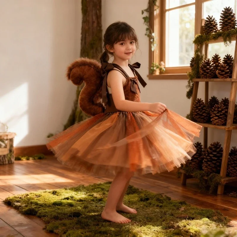 

Squirrel Children's Clothing Brown Animal Pattern Tail and Ear Dress Cute Role Playing Costume for School Day Party